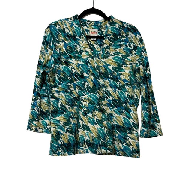 Ruby Rd. favorites  women’s size M blue green yellow print 3/4 sleeve v neck top - Picture 1 of 6